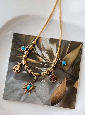 不掉色天然石蓝松石太阳串珠项链