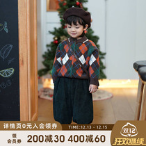 Ink-stone Home Inron Wind Ocean Boy Sweater 2023 Autumn Winter New Child Knitted Cardiovert Retro Woolen Sweater