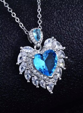 气质高定珠宝设计款天使之翼吊坠仿真海蓝宝心形项链公主粉钻配饰