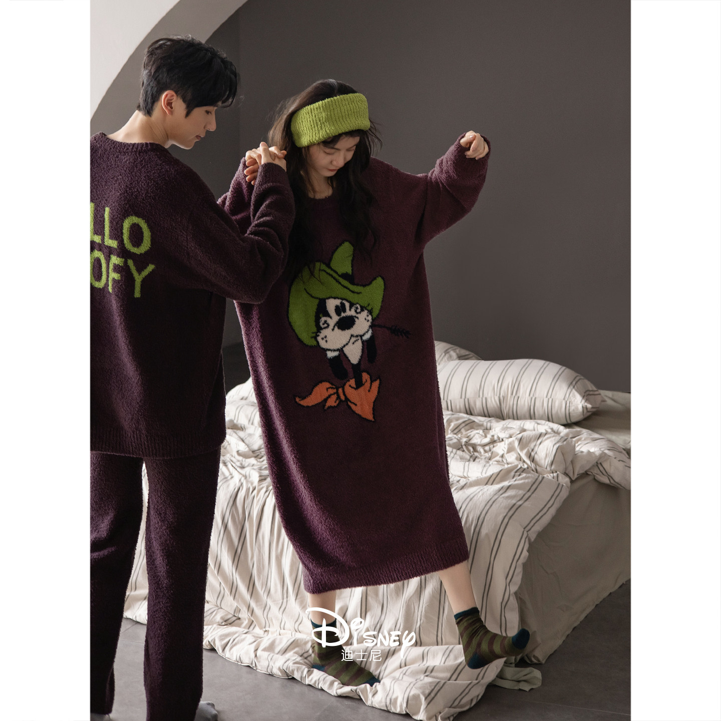 迪士尼情侣睡衣女秋冬季保暖半边绒长袖睡裙时尚慵懒男大码家居服,淘宝优惠券,粉丝福利购,淘宝优惠卷
