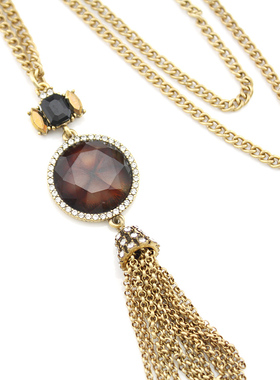 复古镶嵌宝石圆盘流苏挂件项链