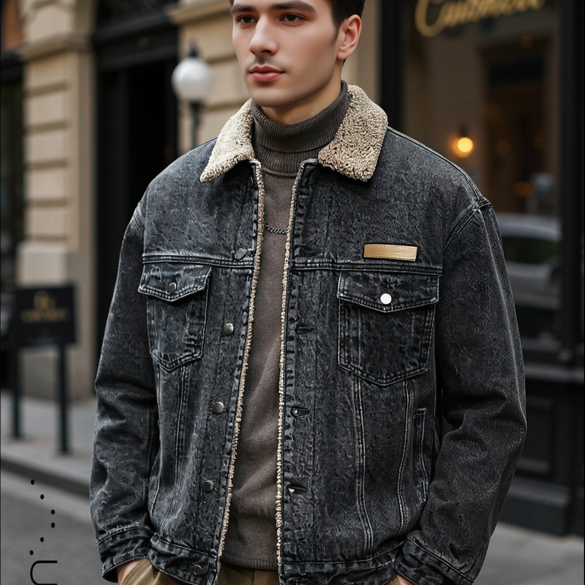 冬季加绒加厚牛仔外套男装潮牌复古宽松大码仿羊羔绒保暖棉服夹克 - 图0