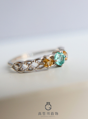 天然黄水晶 磷灰石 混合撞色 S925纯银戒指 可调节大小