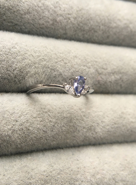 精致小巧款 迷你水滴天然坦桑石 S925纯银镀白金戒指指环