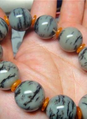 新疆和田玉籽料直闪石沙枣青圆珠手链18毫米（有证书）