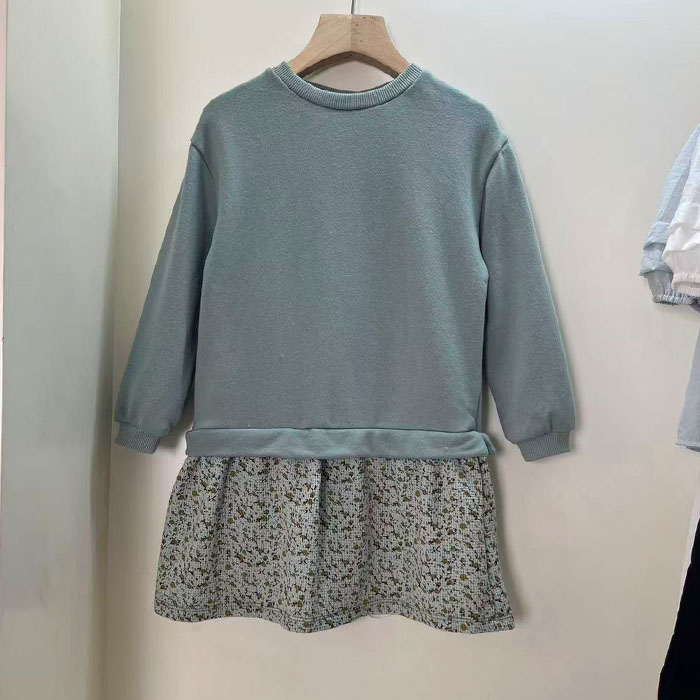 6113女童长袖连衣裙春秋毛圈拼接休闲裙子 80-110cm 特价 - 图0