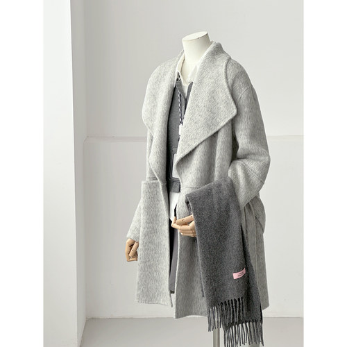 秋冬杂花灰色大翻领羊毛毛呢大衣女中长款高级感千金风外套HL91-1 - 图1