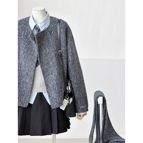 英伦风围巾式短款毛呢外套女灰色双面呢羊毛大衣高级感Y193 - 图2
