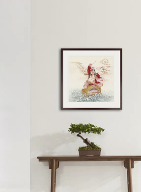 手绘工笔人物画刘海戏金蟾和合画像婚庆装饰书房玄关中式画框挂画