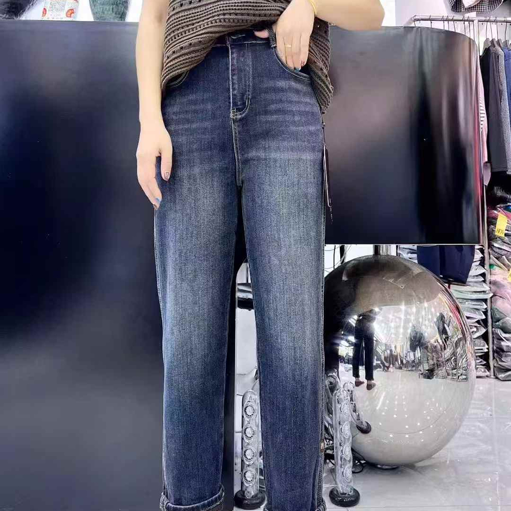 宜语析5703秋加大码牛仔裤女 190斤胖妹mm修身显瘦八九分烟管裤子 - 图3