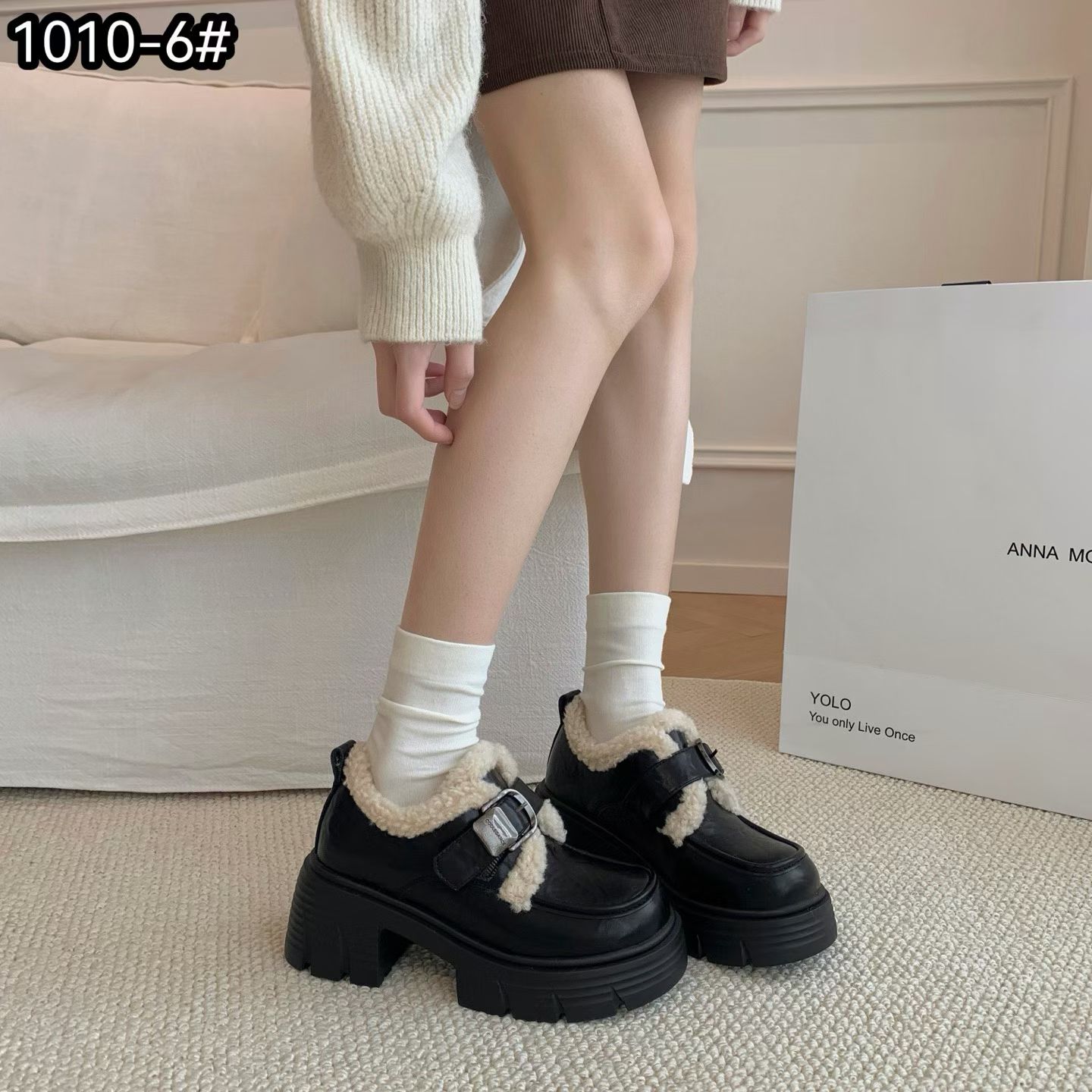 加绒粗跟小皮鞋女2025冬季新款英伦厚底增高毛毛棉鞋一脚蹬乐福鞋 - 图1