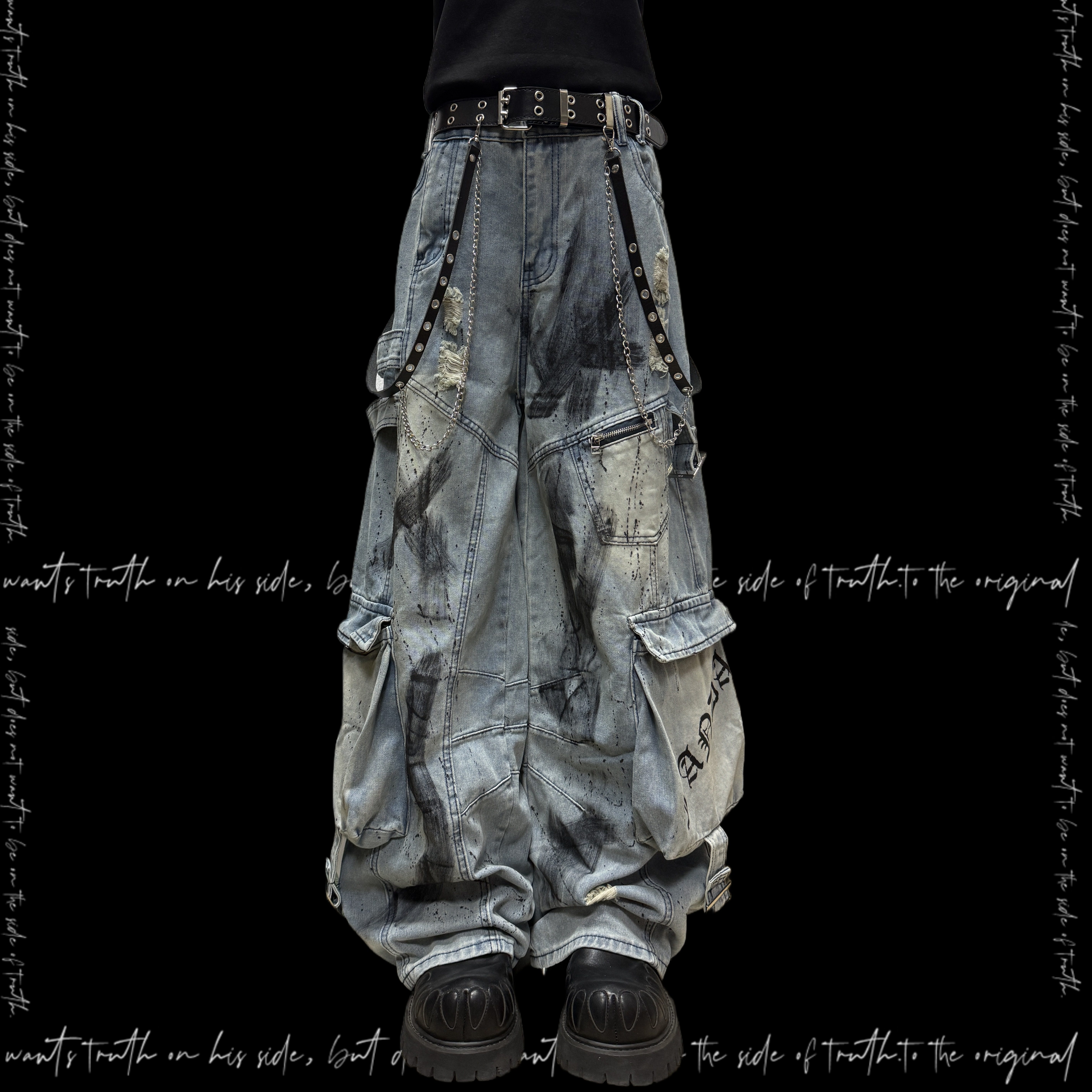 Miub美式街头多口袋涂鸦牛仔裤男女废土风泼墨街头破洞阔腿工装裤,淘宝优惠券,粉丝福利购,淘宝优惠卷