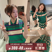 Chen Chen Mother Girl Summer Striped Fur Knit Series Parenting Suit Trendy Casual Polo Collar Female 2 pieces
