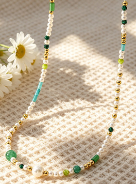 椰林绿屿 海边度假风珍珠天然绿石串珠项链女 OT扣锁骨链显白礼物