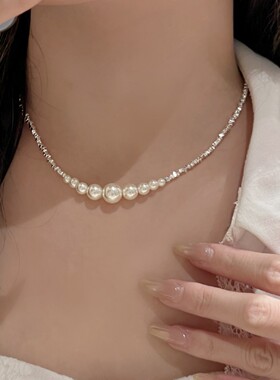 白色灰色珍珠碎银子项链女高级感吊坠配饰锁骨链女士饰品碎银几两