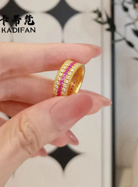 中古vintage排钻粉蔷薇戒指法式复古轻奢高级中古风彩色