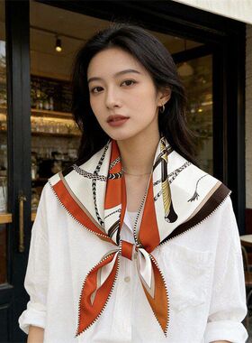 复古链条马具风真丝三角巾双面印花桑蚕丝斜纹绸装饰领巾