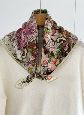 油画风65cm真丝羊毛方巾双面丝毛艺术复古装饰围巾女秋冬披肩