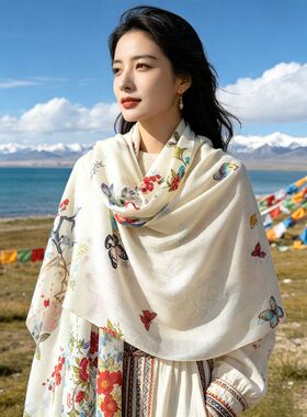 国风春色满园水溶羊毛围巾长款女文艺风清新百搭民族风戒指绒披肩