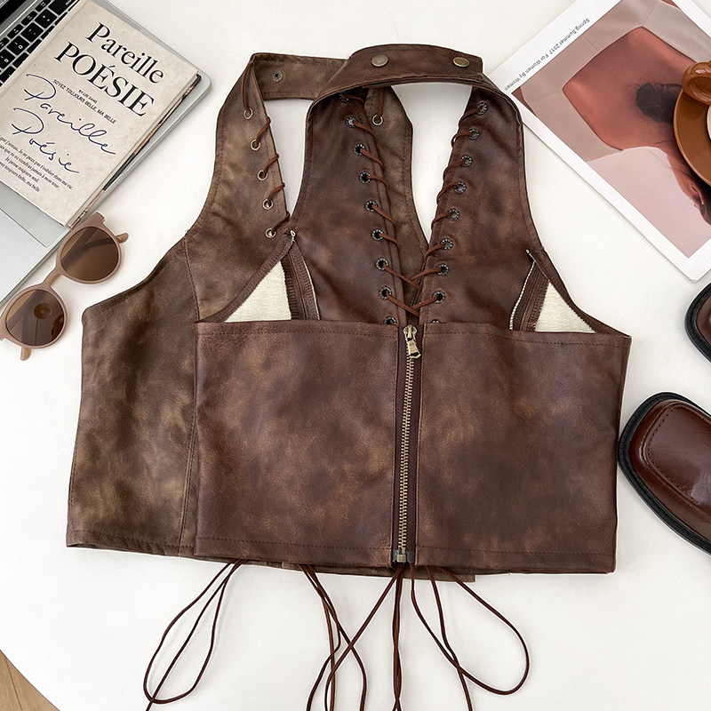 美式复古辣妹时尚百搭PU皮挂脖交叉系带露背吊带背心内搭上衣女,淘宝优惠券,粉丝福利购,淘宝优惠卷