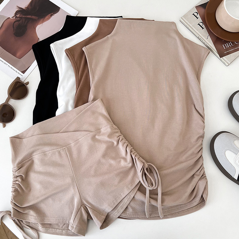 半高领褶皱修身显瘦短款无袖背心上衣+高腰显瘦抽绳短裤两件套女,淘宝优惠券,粉丝福利购,淘宝优惠卷