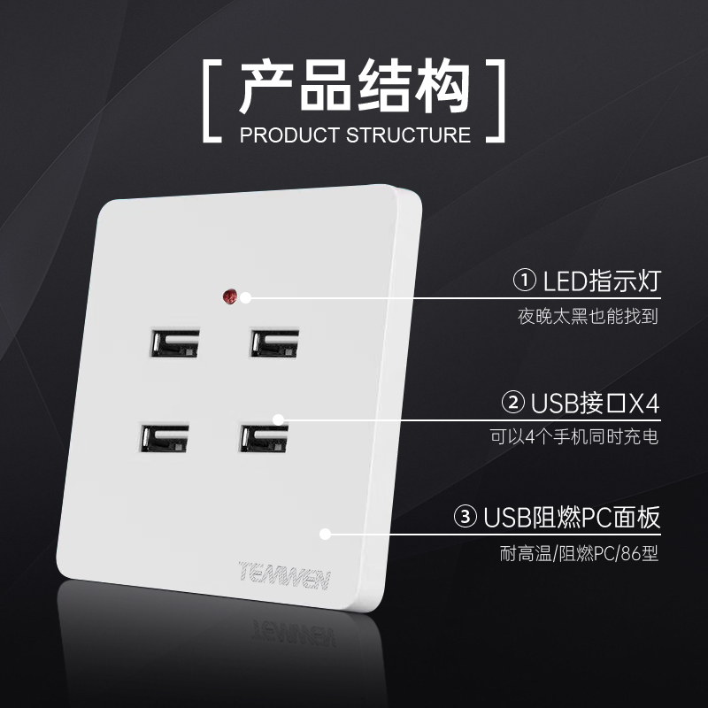 86型明暗装二位4位USB插座面板孔双usb220v两位工地插座36V转5伏 - 图1