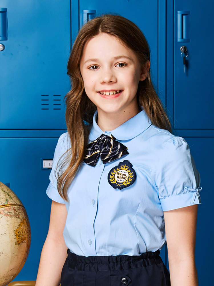 A伊顿纪德夏季儿童校服女童短袖白色衬衫学院小学生蓝色半袖衬衣