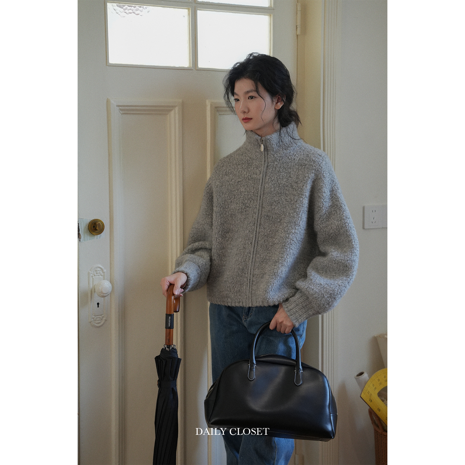 DAILYCLOSET 圈住暖意 厚款圆领灰色圈圈纱100羊毛针织毛衣开衫 - 图2