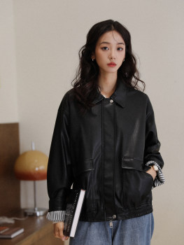 dailycloset free will simple temperament short leather jacket matte black silhouette flight jacket