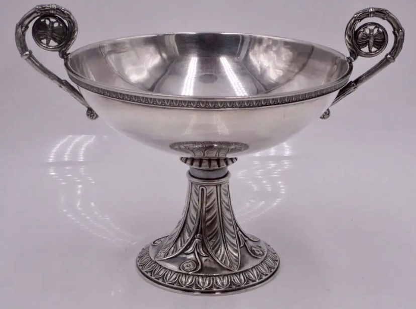 19世纪末法国银器Gustave ODIOT帝政风格古董纯银双耳高脚樽/果器 - 图0