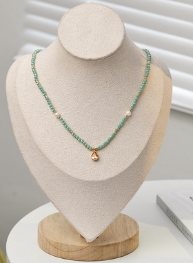 轻奢绿色碧玺串珠项链锆石水滴吊坠颈链「花田里」仙少女森系新款