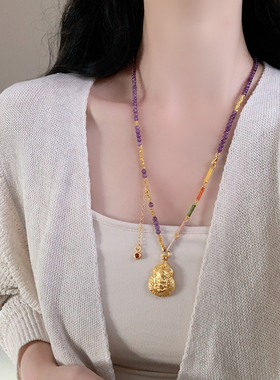 民族风象神紫色水晶串珠复古项链