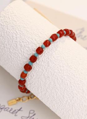 铜合金玻璃手链 镀18K金「五分红霞」串珠手链气质轻奢手工复古风