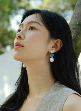 朗睦天然海蓝宝巴洛克珍珠耳饰女