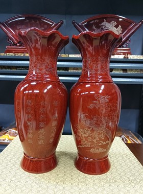 纯银丝 手工镶嵌 前程似锦 花瓶 摆件 一对 缅甸花梨木 大果紫檀