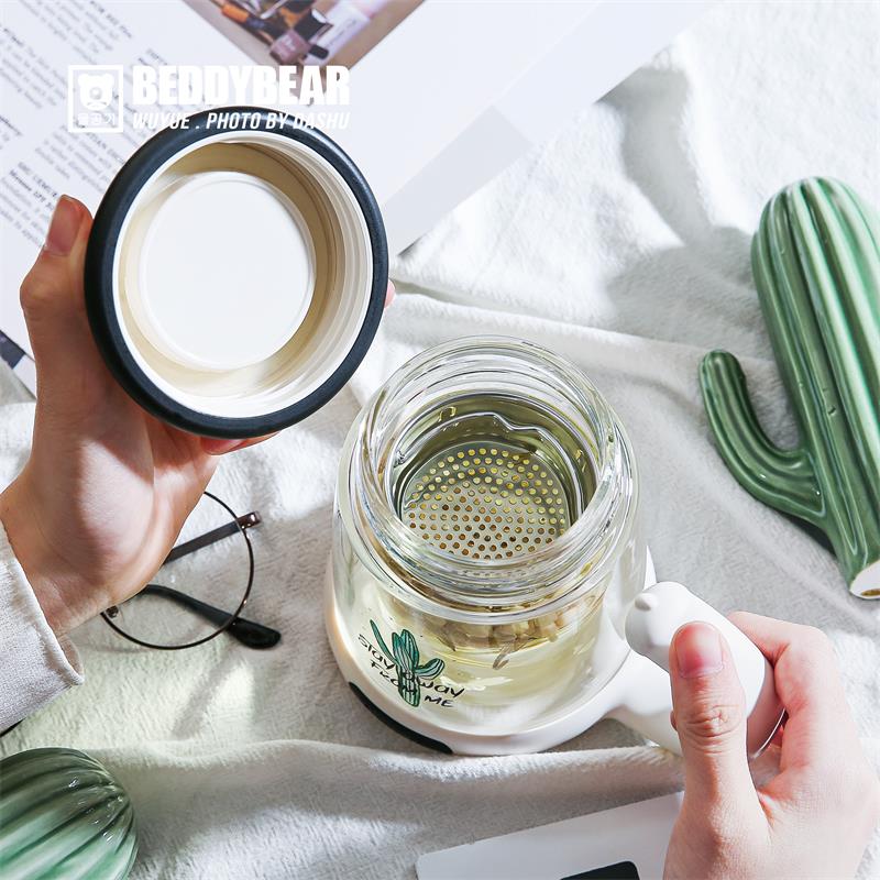 杯具熊小丸子玻璃杯双层隔热ins花茶杯可爱少女带把茶杯便携水杯