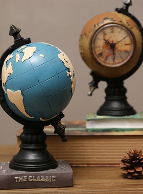 复古做旧地球仪时钟摆件书房办公室客餐厅酒柜玄关摆台钟表装饰品