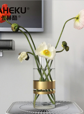 kaheku手绘黄铜高硼玻璃花瓶高档