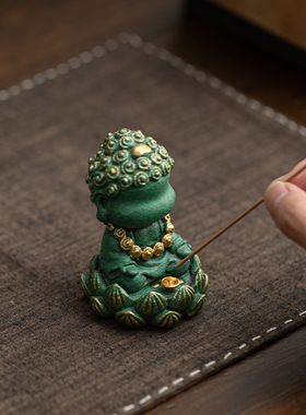 青砂石彩金四不小佛茶宠茶玩家用线香插香托香座茶几摆件桌面装饰