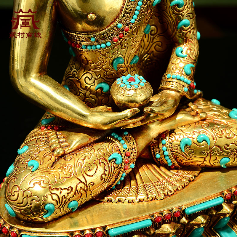 藏村彩珠镶嵌《阿弥陀佛》室内家用全鎏金《阿弥托佛》铜佛像摆件 - 图3