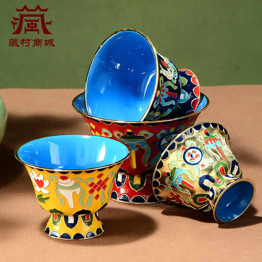 Tibetan Village Painted Cloisonné Eight Offering Bowls and Water Cups Eight Auspicious Carved Purified Water Supply Bowls Ceramic Guanyin Holy Water Cups