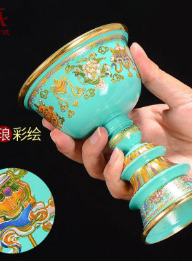 铜制中式客厅彩绘灯座摆件