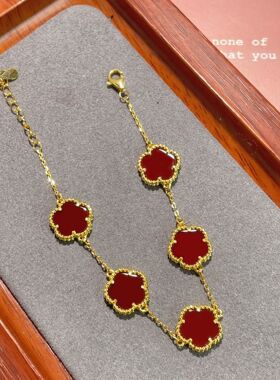 s925纯银新款天然红玛瑙五花幸运四叶草手链女时尚百搭精致手链