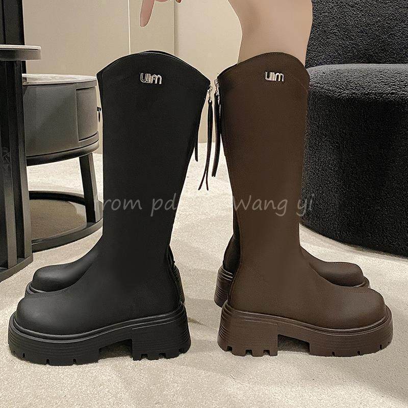 长筒靴女春秋季小个子圆头复古高筒骑士靴厚底v口中跟粗跟瘦瘦靴,淘宝优惠券,粉丝福利购,淘宝优惠卷