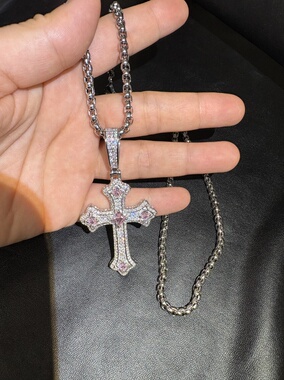 欧美饰品嘻哈十字型镶镶嵌吊坠项链复古小众礼物百搭网红钻紫色