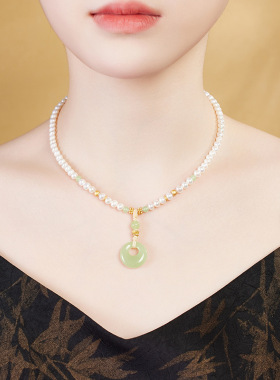 新中式天然淡水珍珠和田玉平安扣项链女S925纯银高级感珍珠项链