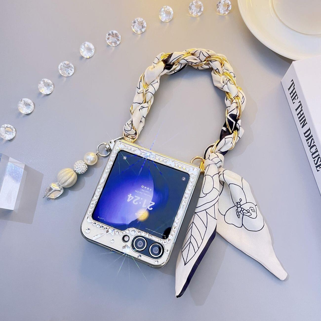 适用于三星Galaxy Z Flip6折叠屏防摔Zflip5手机壳镶钻外壳水钻黑白色电镀皮壳奢华白宝石保护壳达人造物原创 - 图1