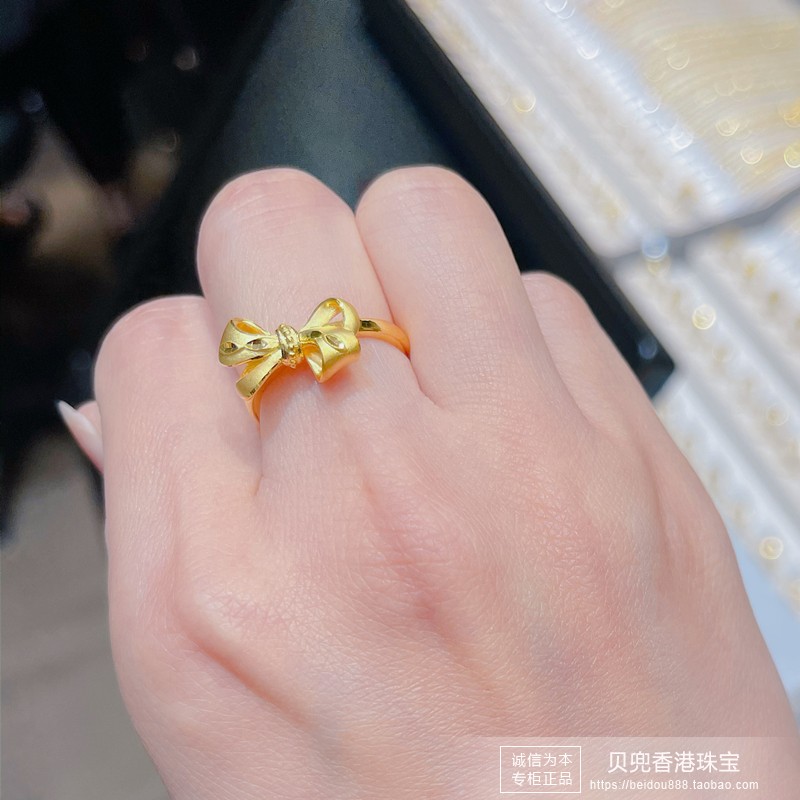 香港周大福专柜正品999.9足金丝带蝴蝶结活口女款戒指素金指环