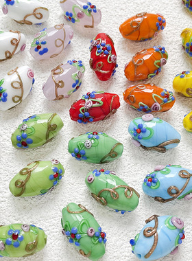 手绘新中式鎏金印花琉璃珠diy手工饰品手链项链串珠配件材料
