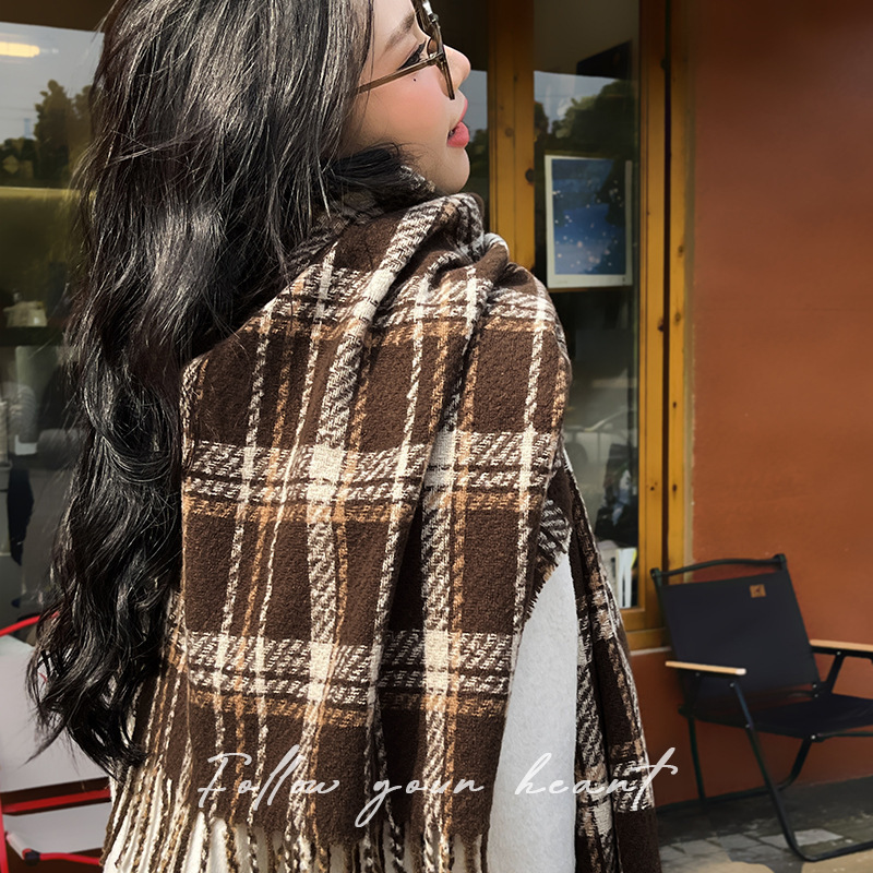 CACUSS秋冬季围巾仿羊绒格子保暖情侣百搭韩系学生围脖礼物高级感 - 图0